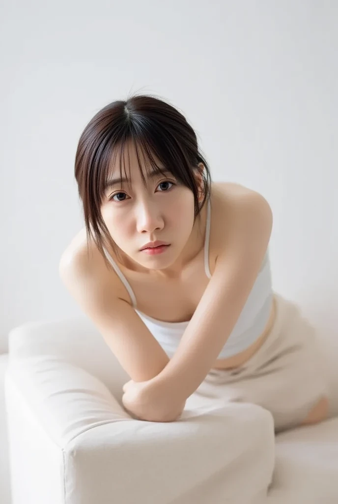  photograph her from a low angle  、 Leaning forward、 wear a loose open shirt with a bare top  ,  stares at the camera,  teeth clenching,  put your hands under your chin to show a natural smile 、 when sitting on the couch 。  loosely tied ponytail 、 soft ban...