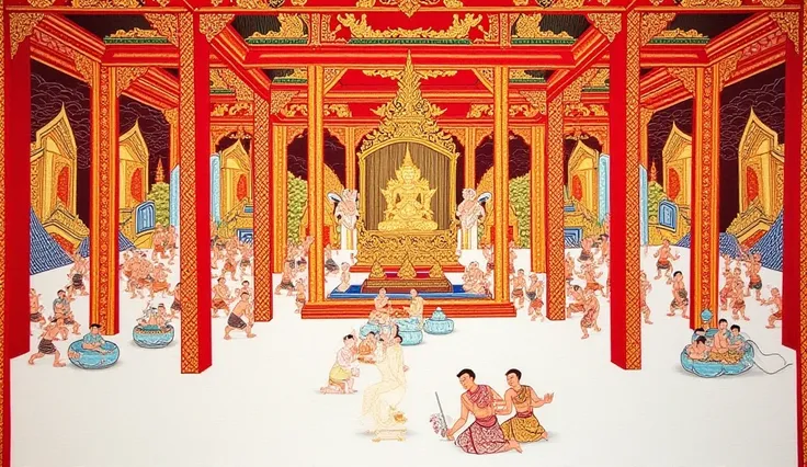 Thai mural painting, Arts, soft tone. arafed room with a red ceiling and a white floor, a digital rendering inspired by Tawaraya Sōtatsu, flickr, cloisonnism, throne room, inside a palace, royal palace interior, exquisitely designed throne room, background...