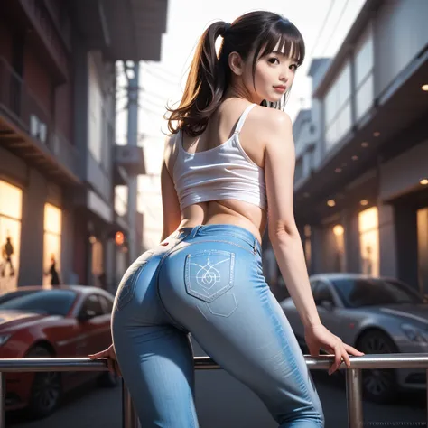 A beautiful Asian girl with a perfect, slender figure, rounded buttocks, and slender thighs wearing skintight jeans, photorealistic, ultra-detailed, 8k, high resolution, best quality, masterpiece, realistic, hyper detailed, cinematic lighting, vivid colors...