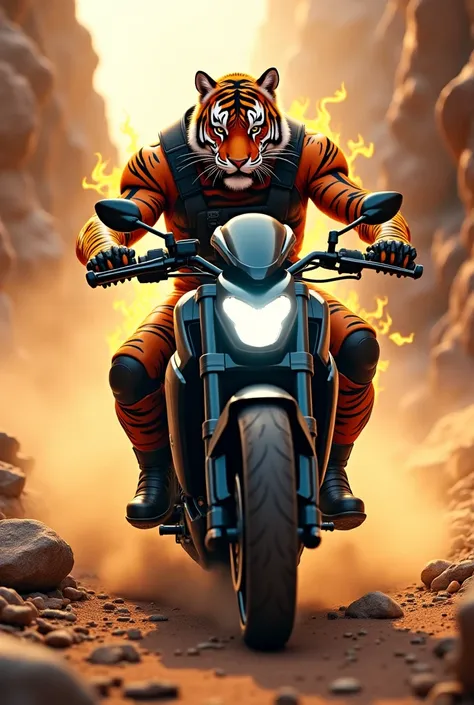 A thrilling and cinematic digital painting of a humanoid tiger warrior riding a sleek black motorcycle through a dusty, steep canyon. The character has a muscular body, a fierce cat face with piercing eyes and wears a tiger-patterned tactical suit, along w...