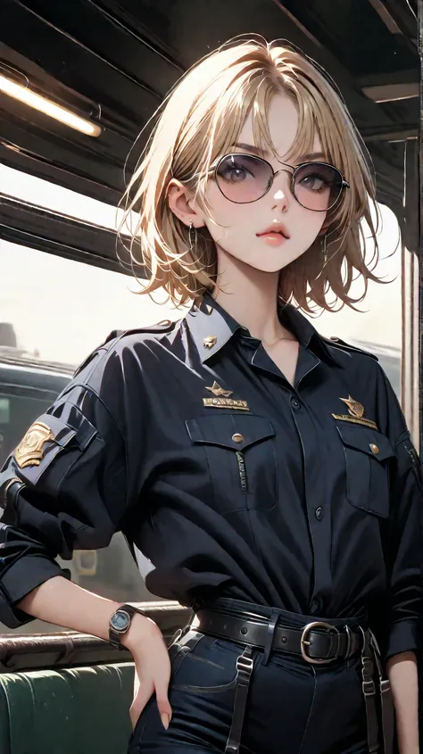   high resolution,  top quality,Police Uniform,woman,Female criminal, short hair, blonde, sunglasses, and watch the viewers,Find a glare, unmanned train station home 