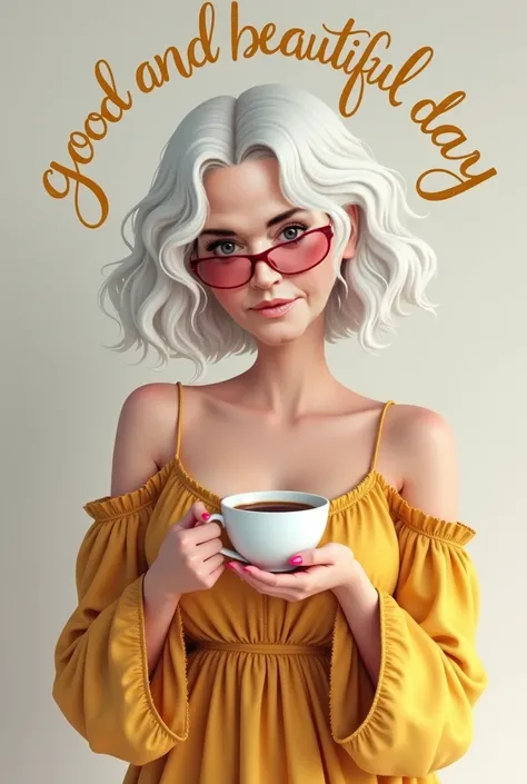  Une belle femme rondelette aux cheveux courts et ondulés blancs,  Wearing a golden bohemian dress  ,   holding a white cup with coffee  .  texte en lettres d'or   "Good and beautiful day  " 