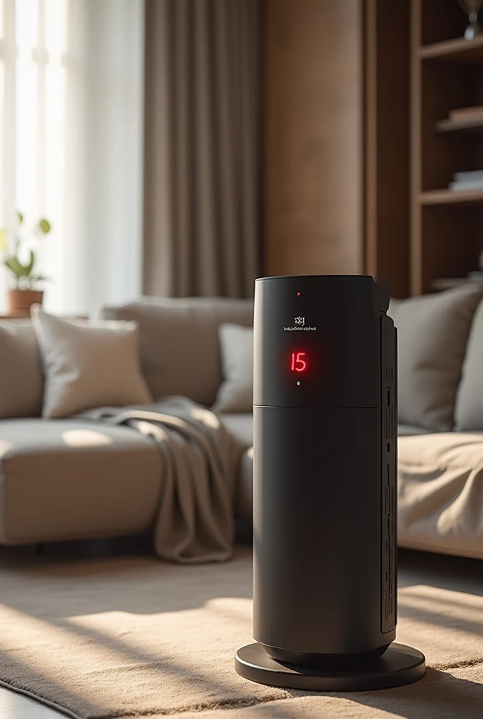 The stylish, elegant air purifier has a function to show the level of dust in the air expressed in color. The dust is red, it is disinfected with UV light and is controlled via the phone.