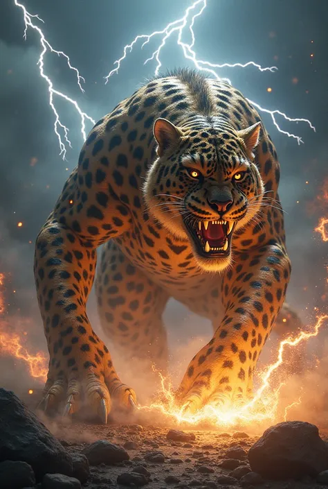 A leopard monster is struck by a violent power surge, While surrounded by lightning, it collapses .