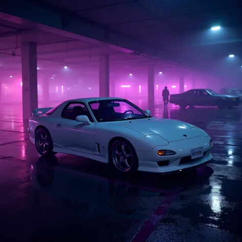 A car called mazda Rx-7,white colour body,purple tint glass green interior,purple neon under light,cyberpunk atmosphere,in parking spot,Lots of suprer cars behind like mustang,gtr,supra,Lamborghini  fog weather,wet like came from rain