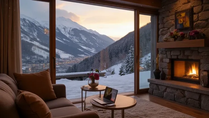 A luxurious mountain lodge living room with a warm fireplace burning. The floor is covered with a soft, cozy rug, and a small round table holds a vase with roses, a steaming cup of coffee, and an open laptop. A panoramic glass window reveals a breathtaking...