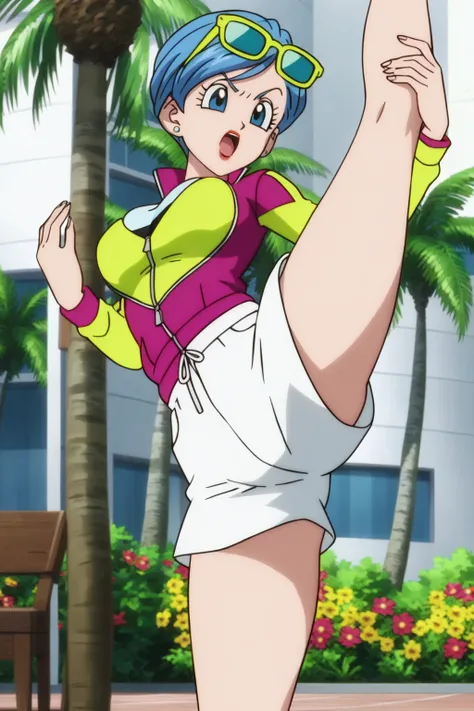 source_anime, score_9, score_8_up, score_7_up, anime screencap,8k, absurd res, 
bulma, 1girl, solo, short hair, open mouth, blue eyes, jewelry, blue hair, flower, :d, earrings, shorts, tree, cup, sunglasses, eyewear on head, white shorts, palm tree,  two t...