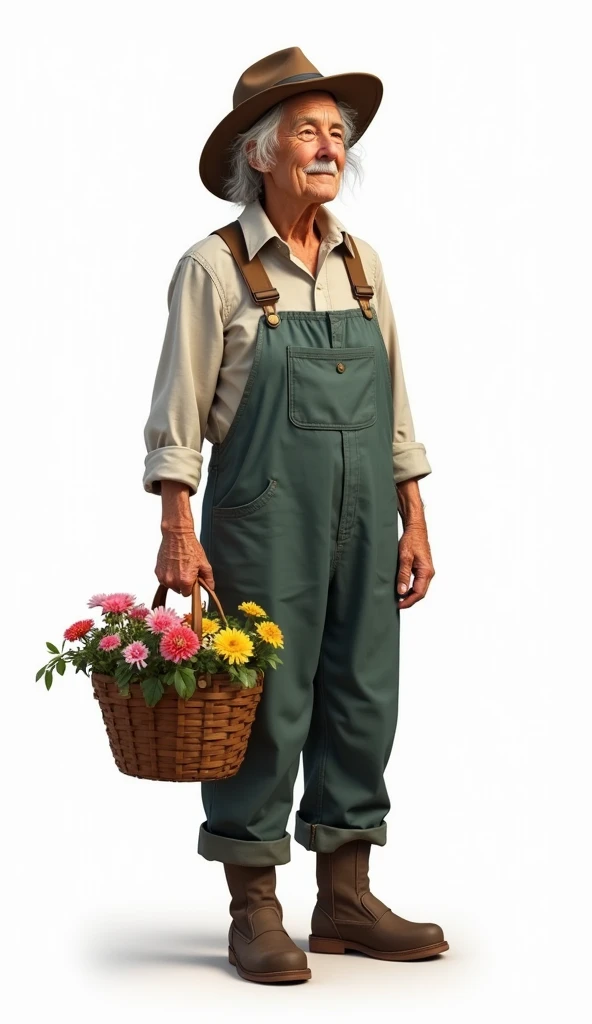 clear photo of a realistic gardener,  elderly,  's hair while wearing work overalls and shoes, hat, a basket of flowers in hand,  little smile,  looks into the distance,  white background, easy lighting,  photorealism