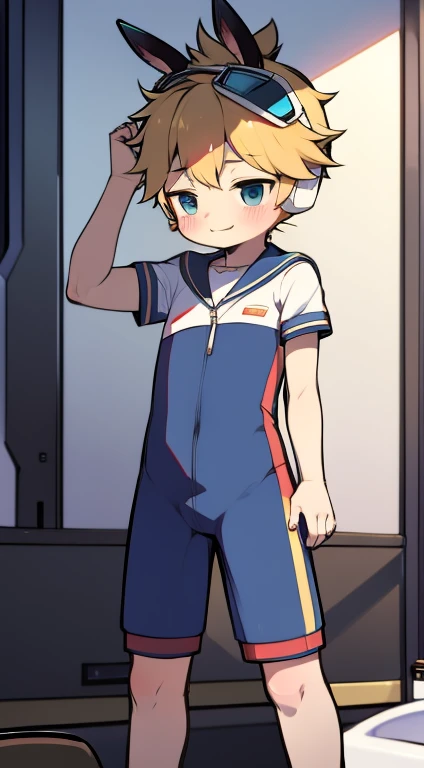 2D Boy Shota，one-piece racing suit，slim, healthy body，Put the headphones on your head，stand up，goggles，Rabbit ears，happy，sailor collar, shy, charming