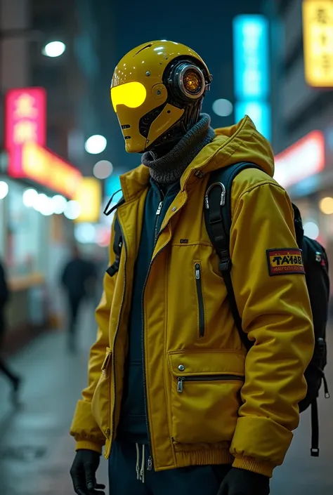 Agent Mustard, robot, highest quality ,A dark cyberpunk world、1 male ( dark cyberpunk world,  male Cyborg, yellow robot face, human like, Gas canisters, metallic hair , cyberpunk asian town, high quality, Yellow eyes（vivid Shiny Yellowヘアカラー:1.6）
break
 (cy...