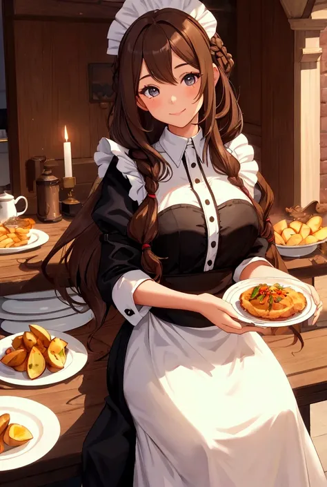  1 girl, solo,  long hair hairstyle,  looks at the viewer , Breasts,  Smile ,  brown hair ,  Maid's headdress ,  Dutch corner, housemaid, Holds a plate ,  a plate of fried potatoes