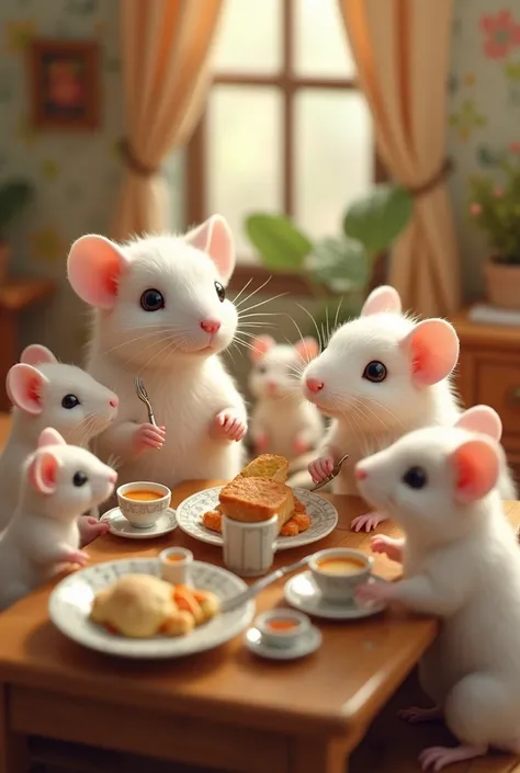 a cute white rat family with human body eating dinner in their house in the tinning table 