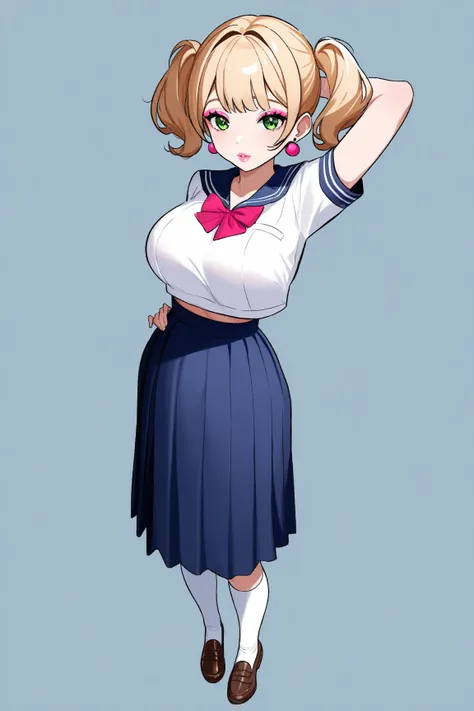  1 woman　classroom　Schoolgirl　 gals　 blonde　 Twin Tails　 short hair　Earrings　 pink eyeshadow 　Green Eyes　 pink lips 　Big Breasts　 Slim waist　 sailor suit　navy blue semi-long skirt　 white knee socks　 brown loafers