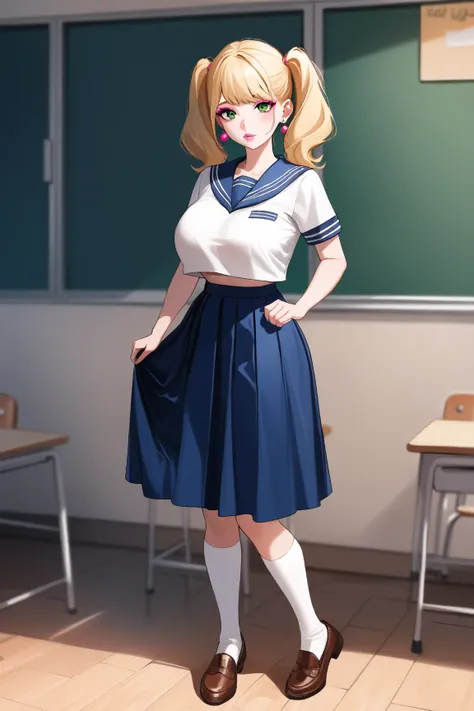  1 woman　classroom　Schoolgirl　 gals　 blonde　 Twin Tails　 short hair　Earrings　 pink eyeshadow 　Green Eyes　 pink lips 　Big Breasts　 Slim waist　 sailor suit　navy blue semi-long skirt　 white knee socks　 brown loafers