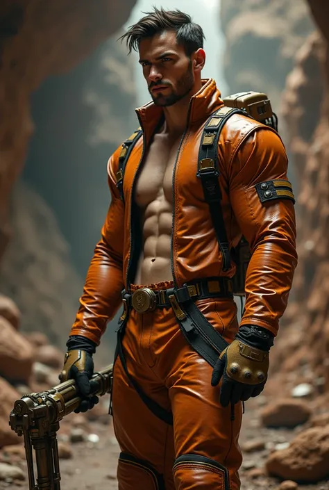 (masterpiece, best quality, realistic, ultra high detailed, UHD, view from a distance), Deep within the copper and brass caverns of an asteroid mining colony, a tall, muscular young space miner stands with a powerful mining tool in hand. His futuristic, le...