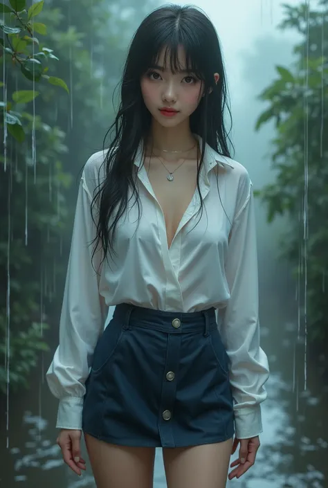 Asian Korean girl, wearing a wet white shirt with a navy mini skirt, long wet hair