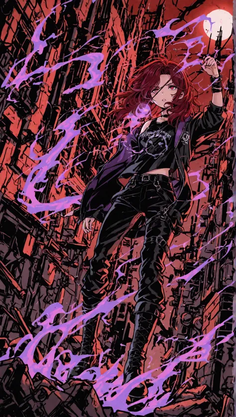 1 girl,  messy medium hair ,dark red color with a subtle shade of violet,Ojos rojos,dressed in a black t-shirt,short jacket with straps in black or purple, black pants,with boots with black straps, with two arcane spirit wolves behind her, In a scenario de...