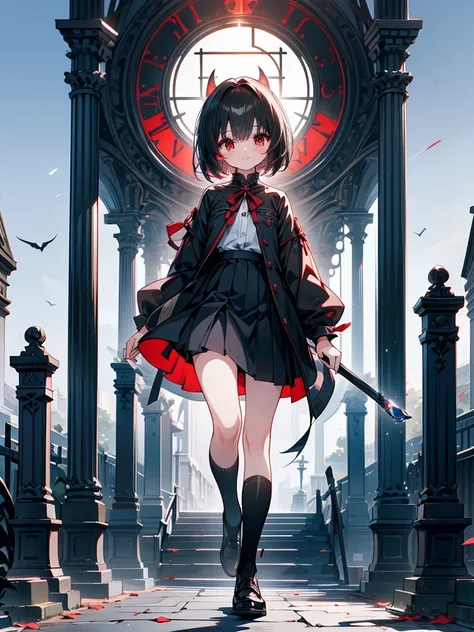 masterpiece, highest quality, highest quality, (no text), Beautiful and aesthetic:1.2),no text,anime、break,anime、break、 one woman、 dark-haired woman walking through a graveyard 　 short hair　 Slit Eyes Boyish 　　 beautiful eyes　Red and Black　red eyes, cool s...