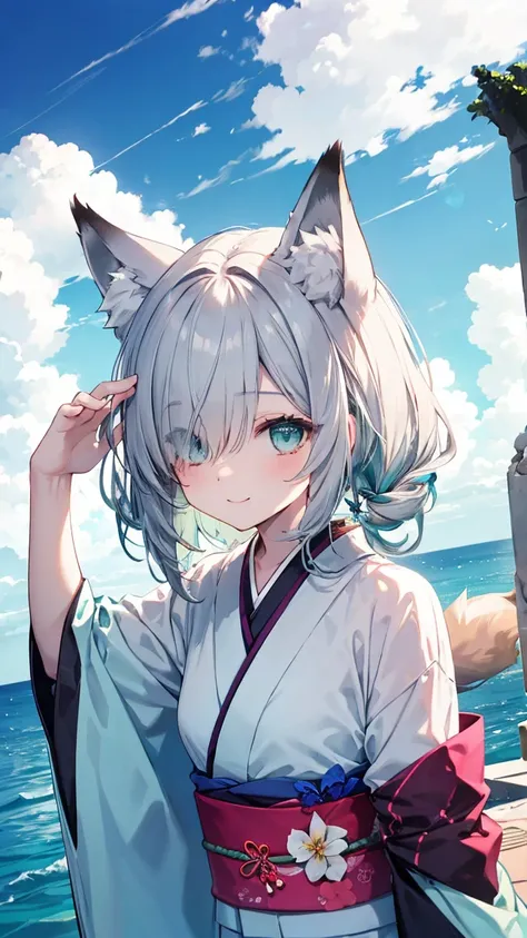  Gray Hair、 long hair、hair over one eye、summer、sea、Ruins、 low angle、Cumulonimbus、 slender、  cute pose、smile、  Cool Personality、  boyish、July、  kimono、 Fox Ears、fox tail、 high school girl、、masterpiece、masterpiece、 pale blue-green eyes、pale blue-green inner ...