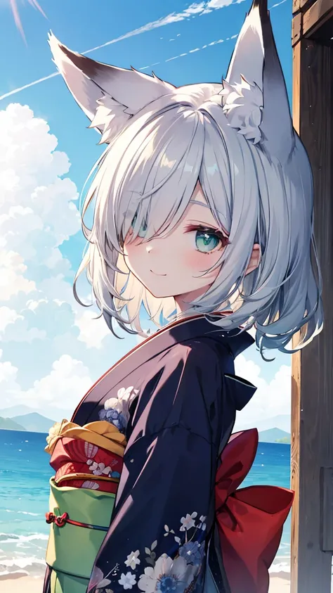  Gray Hair、 long hair、hair over one eye、summer、sea、Ruins、 low angle、Cumulonimbus、 slender、  cute pose、smile、  Cool Personality、  boyish、July、  kimono、 Fox Ears、fox tail、 high school girl、、masterpiece、masterpiece、 pale blue-green eyes、pale blue-green inner ...