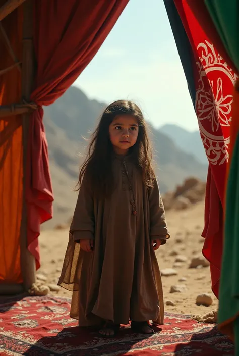 An Afghan girl whose tent is the color of the Afghan flag and is crying