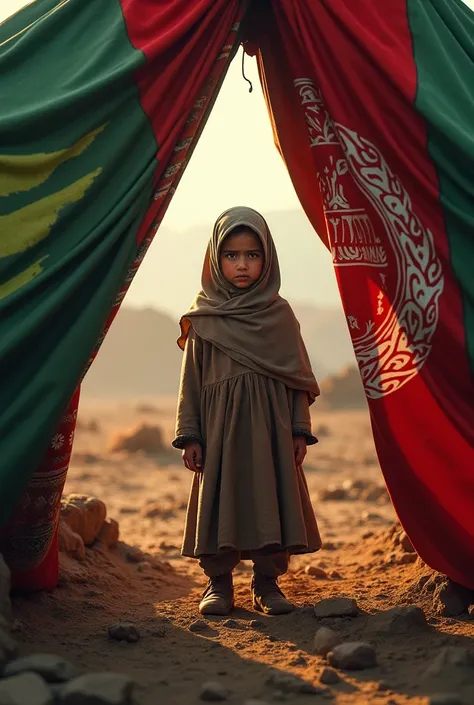 An Afghan girl whose tent is the color of the Afghan flag and is crying