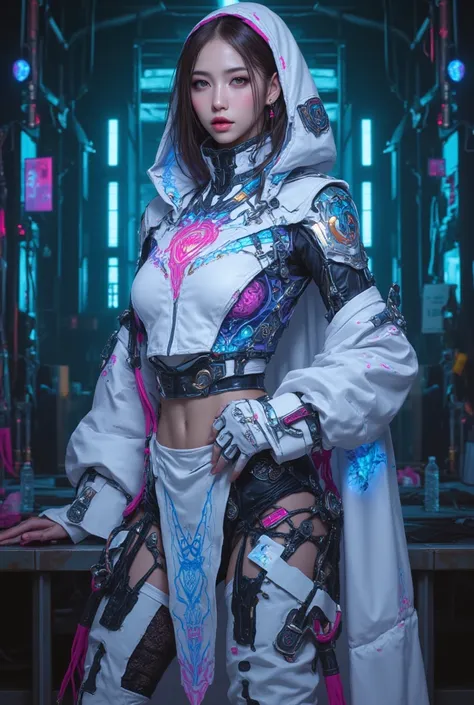 (A stunning tall woman is posing like a fashion model:1.5), (She is an anti-hero wearing intricated desighned vivid white and iridescent blue and pale pink uniform:1.7), neon colored mechanical biomorphism, horror art, intricate details, maximalist perfect...