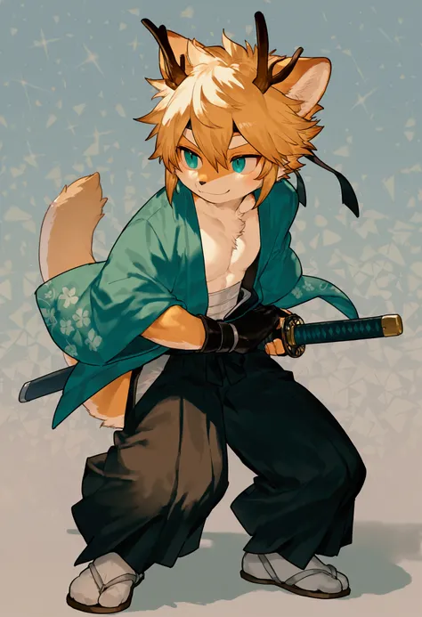 source_ furry, furry male,elementary school students,((boy )), (furry, kemono :1.4), dragon boy , animal nose,dragon ears, dragon tail, blonde hair, aqua eyes, blue eyes, gloves, japanese clothes, fingerless gloves, haori, sarashi,antique long pants, hai...