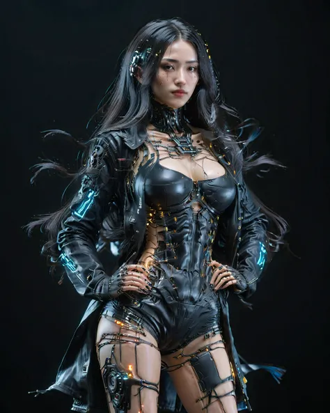  Ultra Realistic Capture  ,18k, photos, top quality,Masterpiece,reality,   very detailedな ,シャープな photos, cyberpunk, very beautiful woman, very long hair, oversized tech wear, jacket , slender,Black background,Porcelain-like skin ,led, very detailed,  ultra...