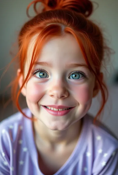 Approach: close-up portrait (Bust).

rostro: A girl with a sexy smile

Cabello: deep red hair,  tied in a tall and carefree ponytail ,  with some loose locks that frame her face .

eyes: grandes y expresivos,  of a light blue color that contrasts with her ...