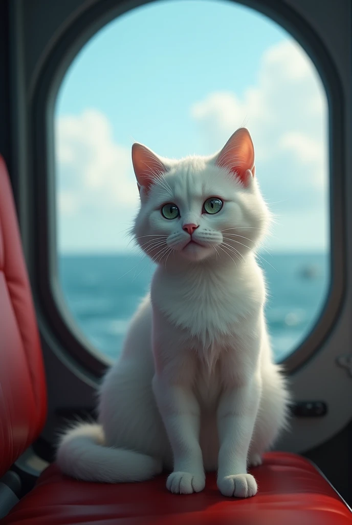 The little white cat is sitting inside a rescue helicopter, her face is depressed, and she is looking down at the ocean where the big bodybuilderwhite cat, three d annie mission, white larch, white cat, is going. There are tears in her eyes, and she is anx...