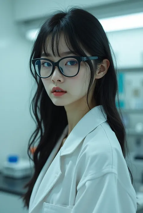 completly naked girl with pale skin,blue lips and black hair wearing glasses in lab coat