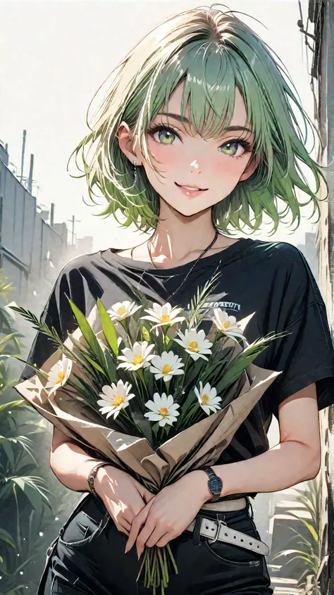   high resolution,  top quality,woman, perfect body,Holding a bouquet, short hair,Light green hair, gradation ,smile, and watch the viewers,Stare at me from a high angle with a 