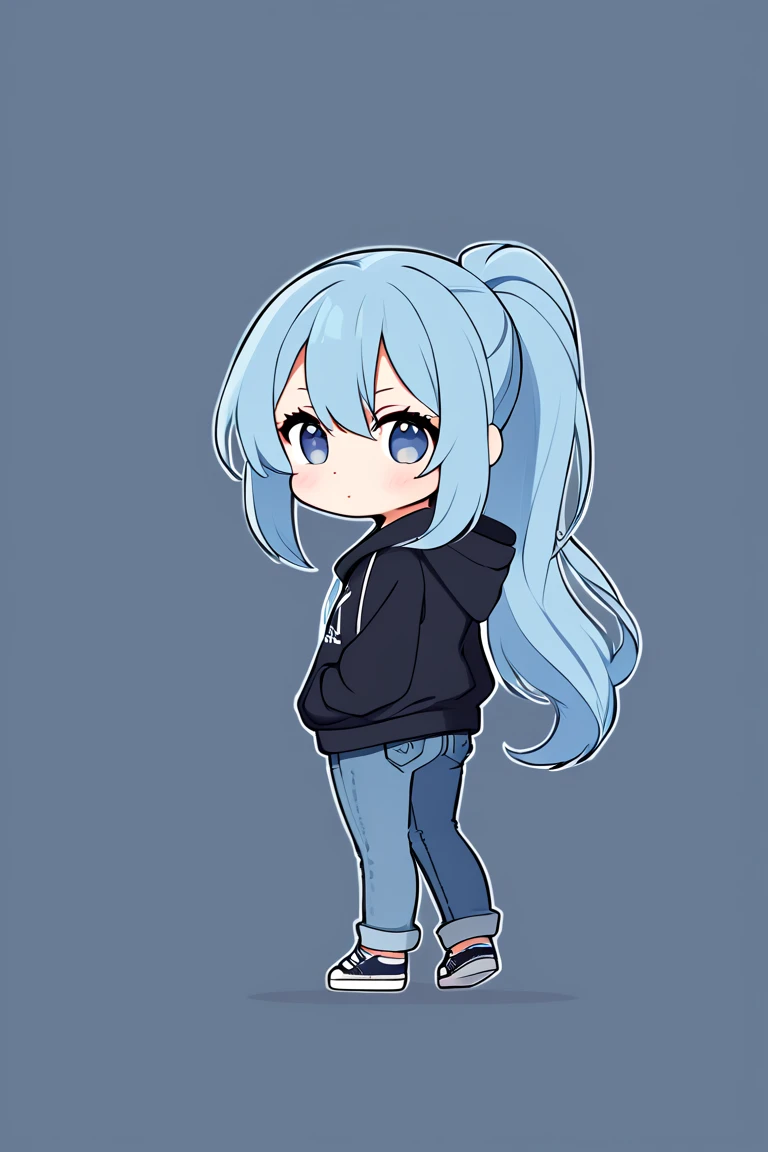  1 girl, solo,  long hair,  high resolution,  ponytail ,  high resolution,  simple background, Blue Hair/ light blue hair, chibi-style , jeans, hoodie