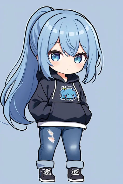  1 girl, solo,  long hair,  high resolution,  ponytail ,  high resolution,  simple background, Blue Hair/ light blue hair, chibi-style , jeans, hoodie