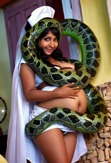  Pregnant smiling Happy Horny, aroused 1girl), beautiful standing Indian village girl wearing nurse outfit very young teen maid girl with  giant colossal green kaa monster squeezing her hard, wrapped in thick spiraling coils, constricted, struggle, gasping...