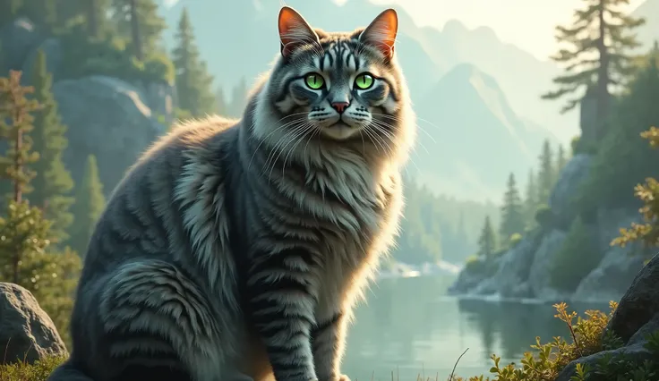 Generate ultra-high-definition images of a giant tabby cat with luxurious fur in various shades of grey, posed majestically in a fantastical landscape. Utilize advanced macro photography techniques to highlight the intricate details of the cat's sleek coat...