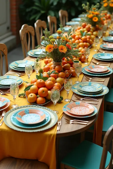 Je veux une image d'une grande table d'une vingtaine de chaise avec le dossier en forme de pamplemousse ronde, cette table doit être décorer dans le thème Tutti frutti et plus précisément les agrumes tels que les pamplemousses, orange, citron etc .. le nua...