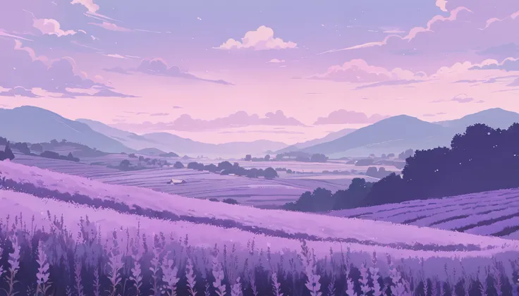 LAVENDER landscape , Pastel Purple Colors ,,Ghibli style ,Lofi ,cute ,Cozy , Landscape Wide Field Ultrawide Purple tone