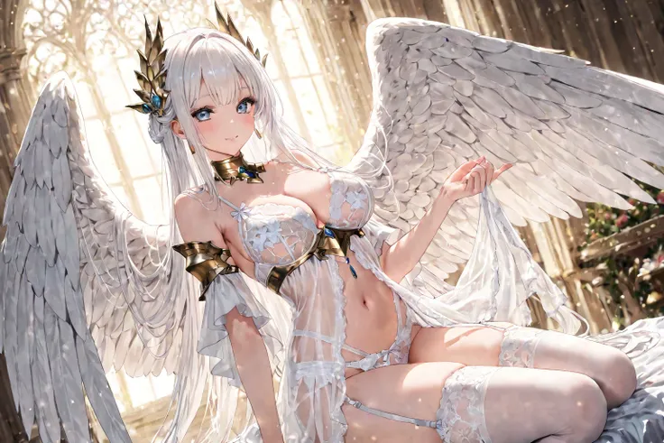 
A beautiful valkirye with white wings white hair  and with lingerie under her armour 