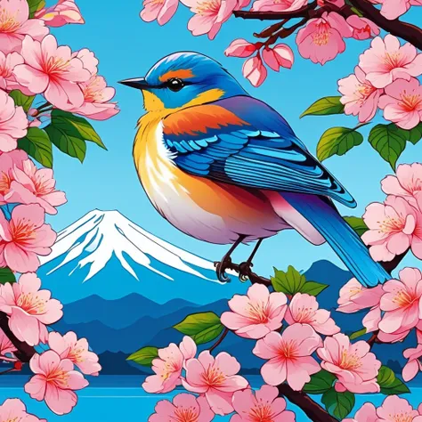 Brightly colored and dazzling flowers, 
beautiful nature, 
beautiful sakura, 
mount fuji on the background, 
The sun rises, jen bartel, 
mount fuji background, 
springtime morning
there is a blue bird sitting on a branch of a tree, 
beautiful digital art, ...