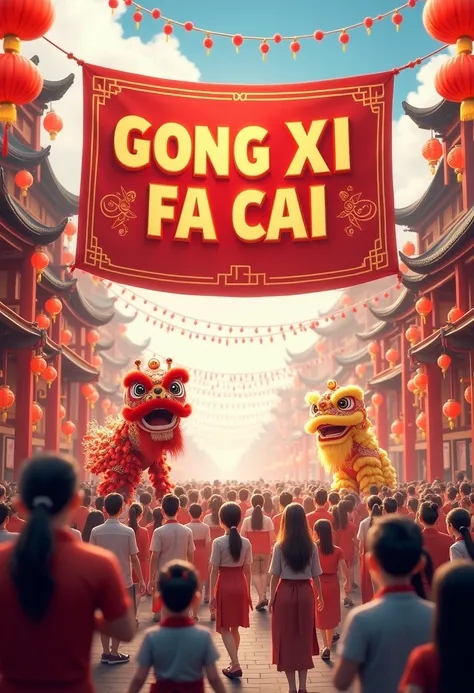 big banner saying "gong xi fa cai" in the background, a chinese new year celebration