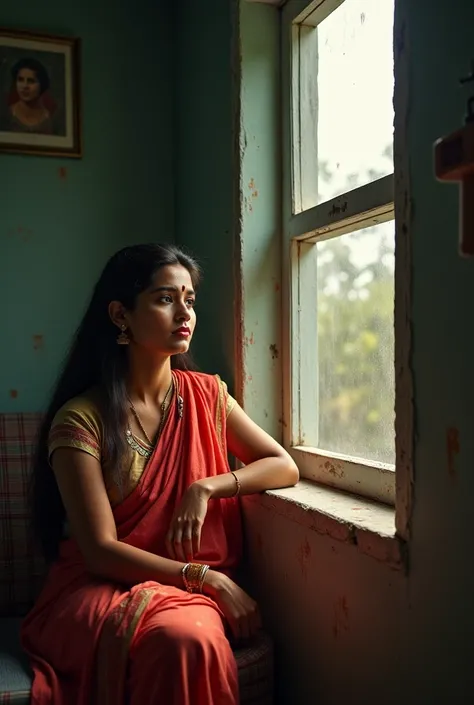 Neelam sitting by a window in a modest house, looking outside with a thoughtful and concerned expression. The background shows a typical middle-class Indian home interior.
