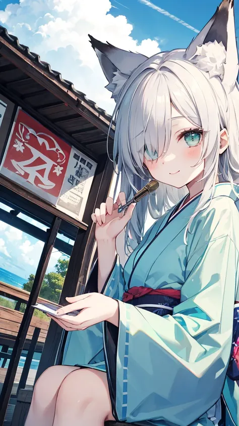  Gray Hair、 long hair、hair over one eye、summer、sea、Ruins、 low angle、Cumulonimbus、 slender、  cute pose、smile、  Cool Personality、  boyish、July、  kimono、 Fox Ears、fox tail、 high school girl、、masterpiece、masterpiece、 pale blue-green eyes、pale blue-green inner ...