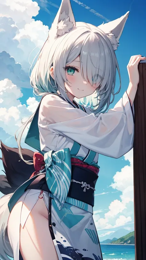  Gray Hair、 long hair、hair over one eye、summer、sea、Ruins、 low angle、Cumulonimbus、 slender、  cute pose、smile、  Cool Personality、  boyish、July、  kimono、 Fox Ears、fox tail、 high school girl、、masterpiece、masterpiece、 pale blue-green eyes、pale blue-green inner ...