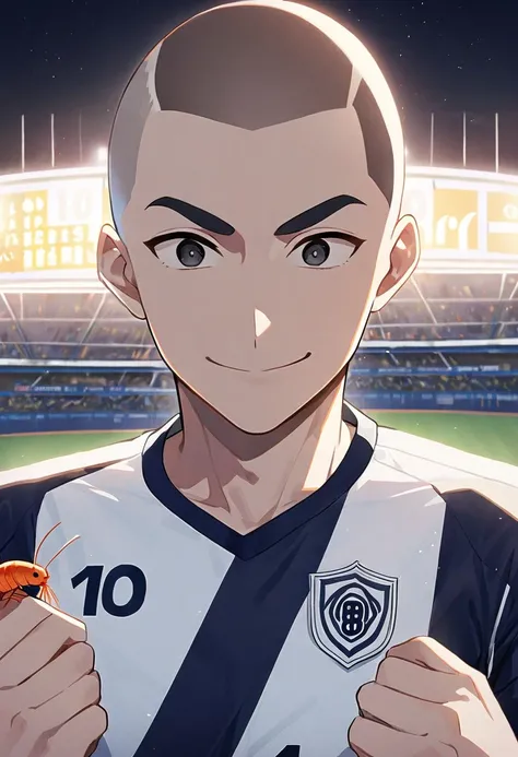 28-year-old male, Japanese, black eyes, 日焼けした肌Blue and white soccer uniform, Number 10, shaved head, Shrimp, Large, Height 184 cm , big eyes, Thick eyebrows, A cheerful smile, Big stadiums in big cities, full audience, Night trial