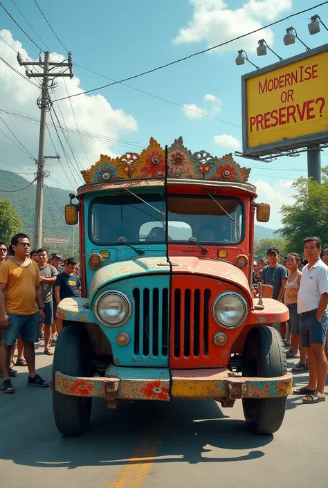 A Jeepney is split into two halves—one side is a traditional, colorful jeepney with folk art, while the other is a sleek, modern electric version. A group of Filipinos, young and old, stand nearby, looking confused and debating the change. A billboard in t...