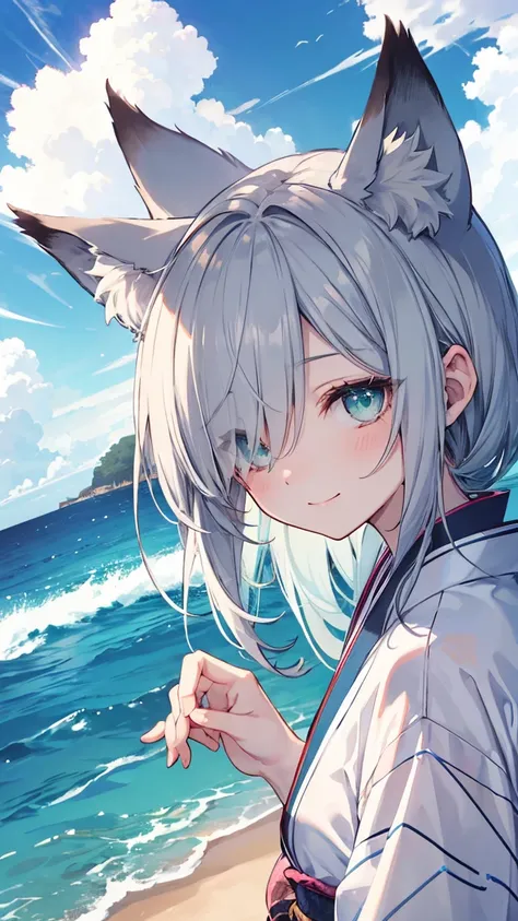  Gray Hair、 long hair、hair over one eye、summer、sea、Ruins、 low angle、Cumulonimbus、 slender、  cute pose、smile、  Cool Personality、  boyish、July、  kimono、 Fox Ears、fox tail、 high school girl、、masterpiece、masterpiece、 pale blue-green eyes、Light blue inner hair ...