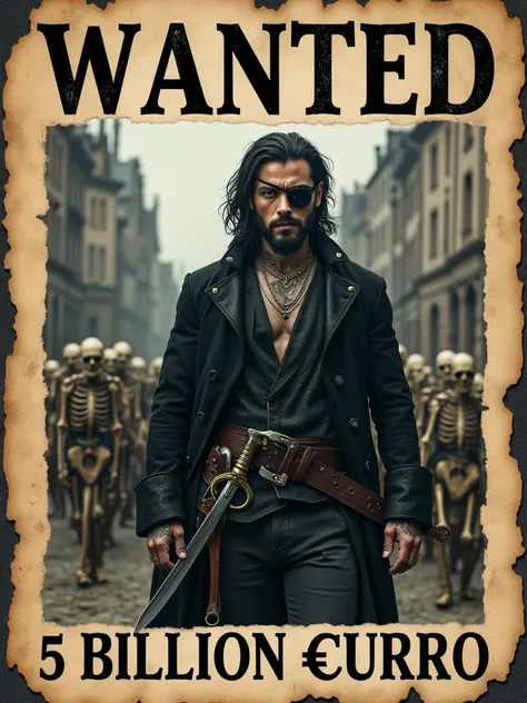  Generate photo of a wanted / on an aged paper /  poster with a reward of 5 billion euros/  wanted alive or dead /  of a handsome white-skinned man / At the age of 35 /strong/Tall stature/  with tattoos on his face and body / using an eye patch/ bearded/ b...