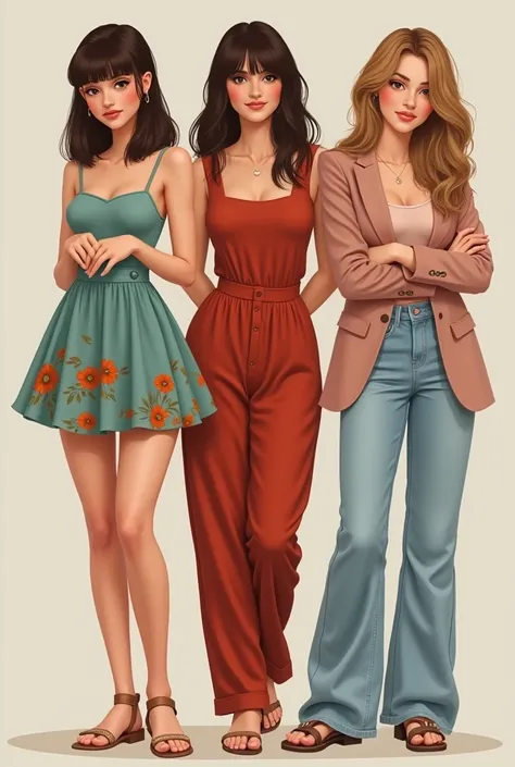  She must be three realistic women with fair skin and brown eyes the first must have straight dark brown hair and wear a aqua-green dress with thin straps with short skirt and Round with a print of orange flowers and I feel brown she must have her hands to...